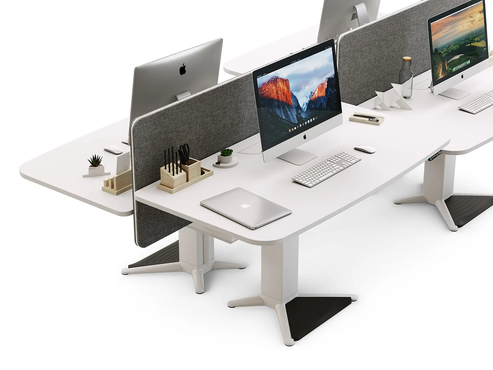Puestos Actiu Power en configuración bench con pantallas separadoras