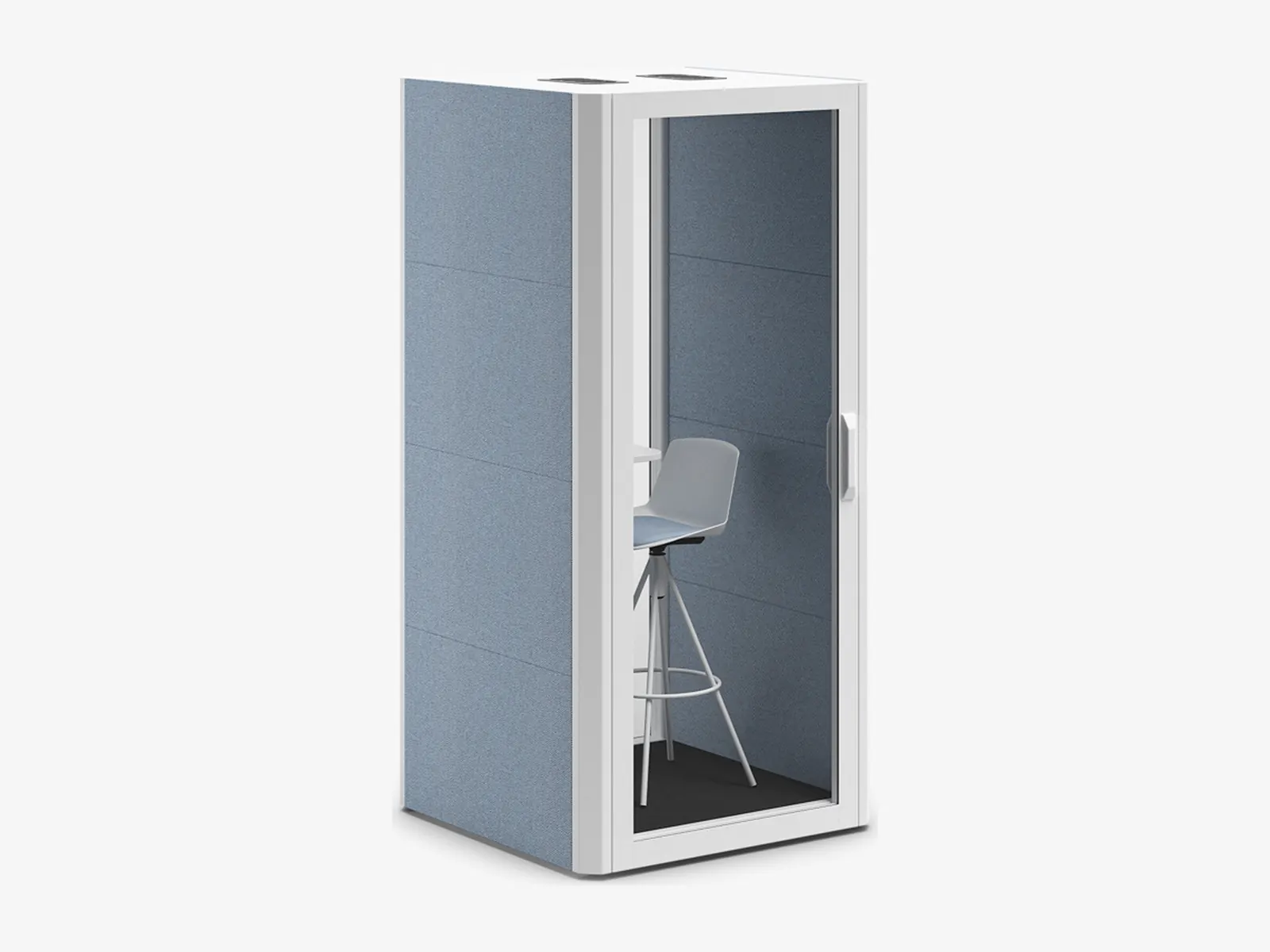 Cabina acústica individual Actiu Qyos 100 en azul bruma con taburete alto y mesita de apoyo