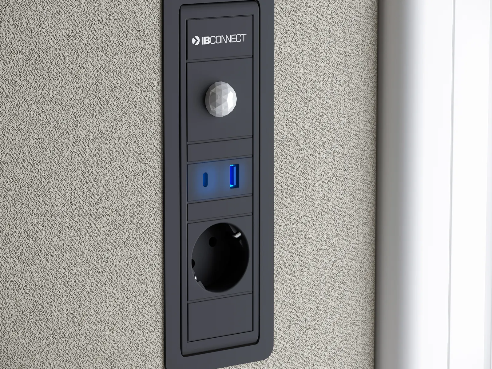 Panel de toma de corriente y carga USB del interior de la Actiu Qyos 100