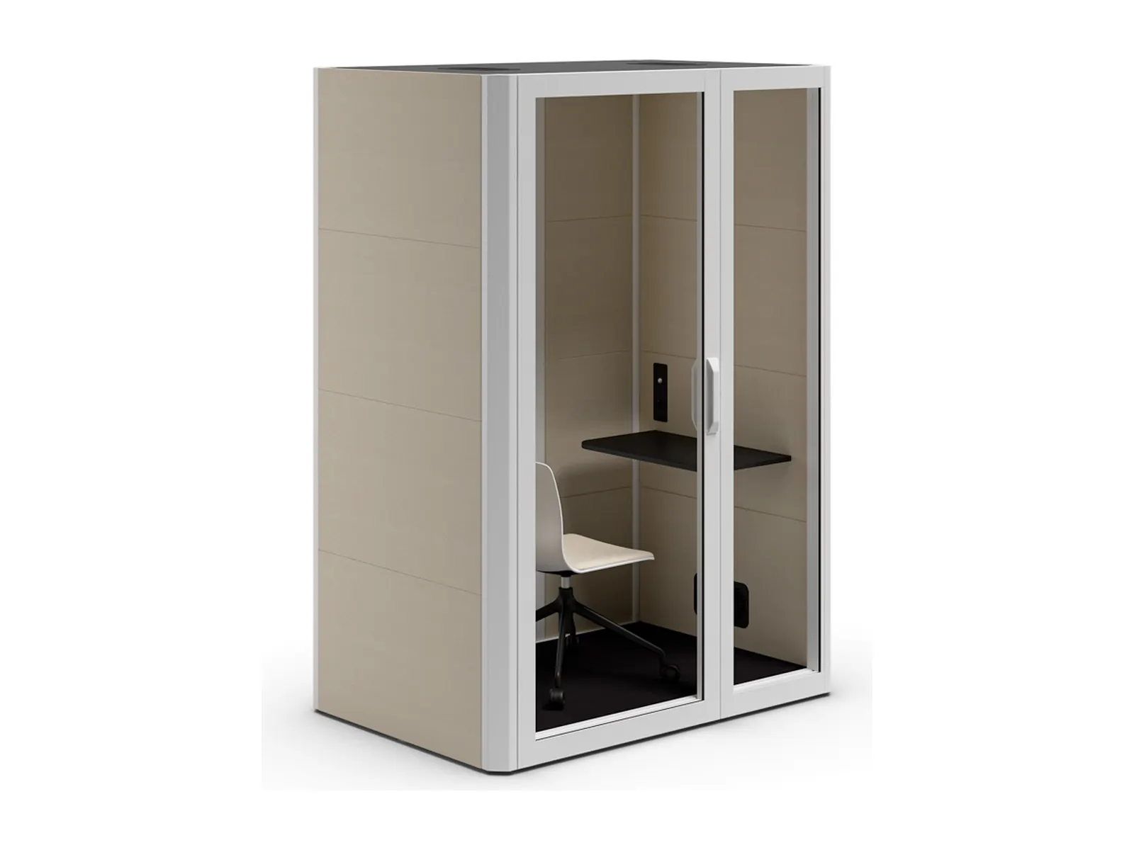 Cabina acústica individual Actiu Qyos 150 en taupe con mesa y silla de oficina