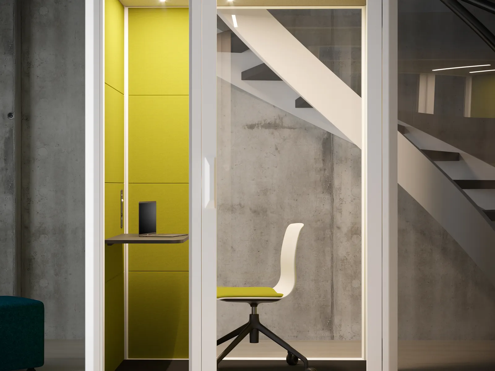Actiu Qyos 150 blanca con interior amarillo y silla de oficina