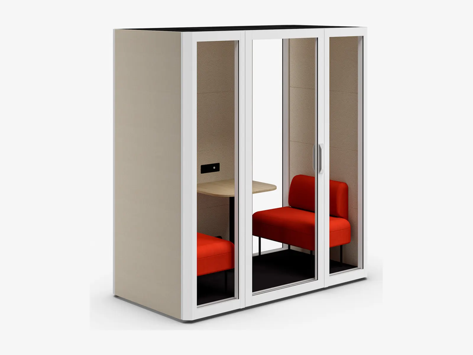 Cabina acústica Actiu Qyos 200 en taupe con dos asientos rojos enfrentados