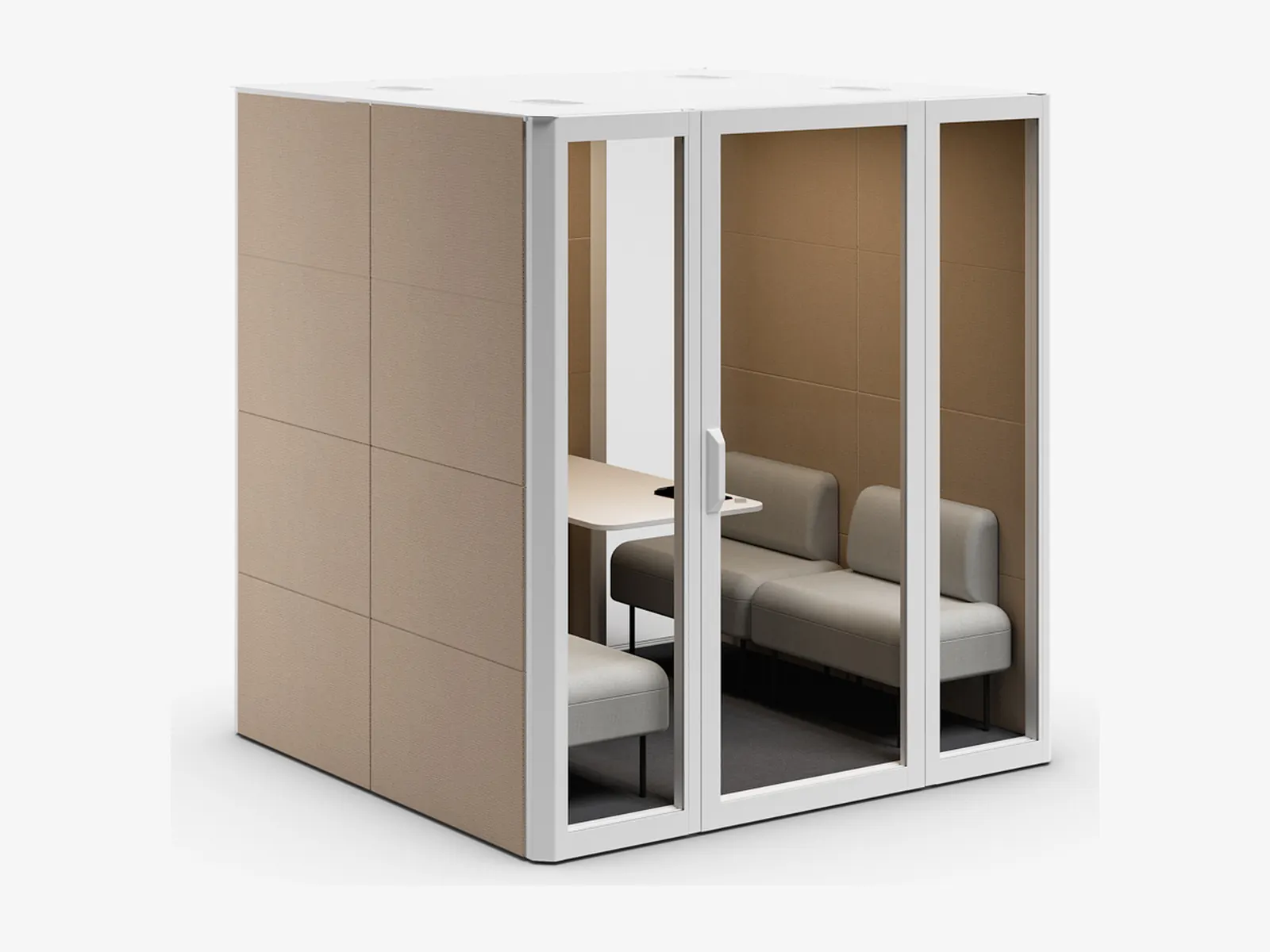 Cabina acústica para 4 personas Actiu Qyos 400 en taupe con dos bancos grises enfrentados
