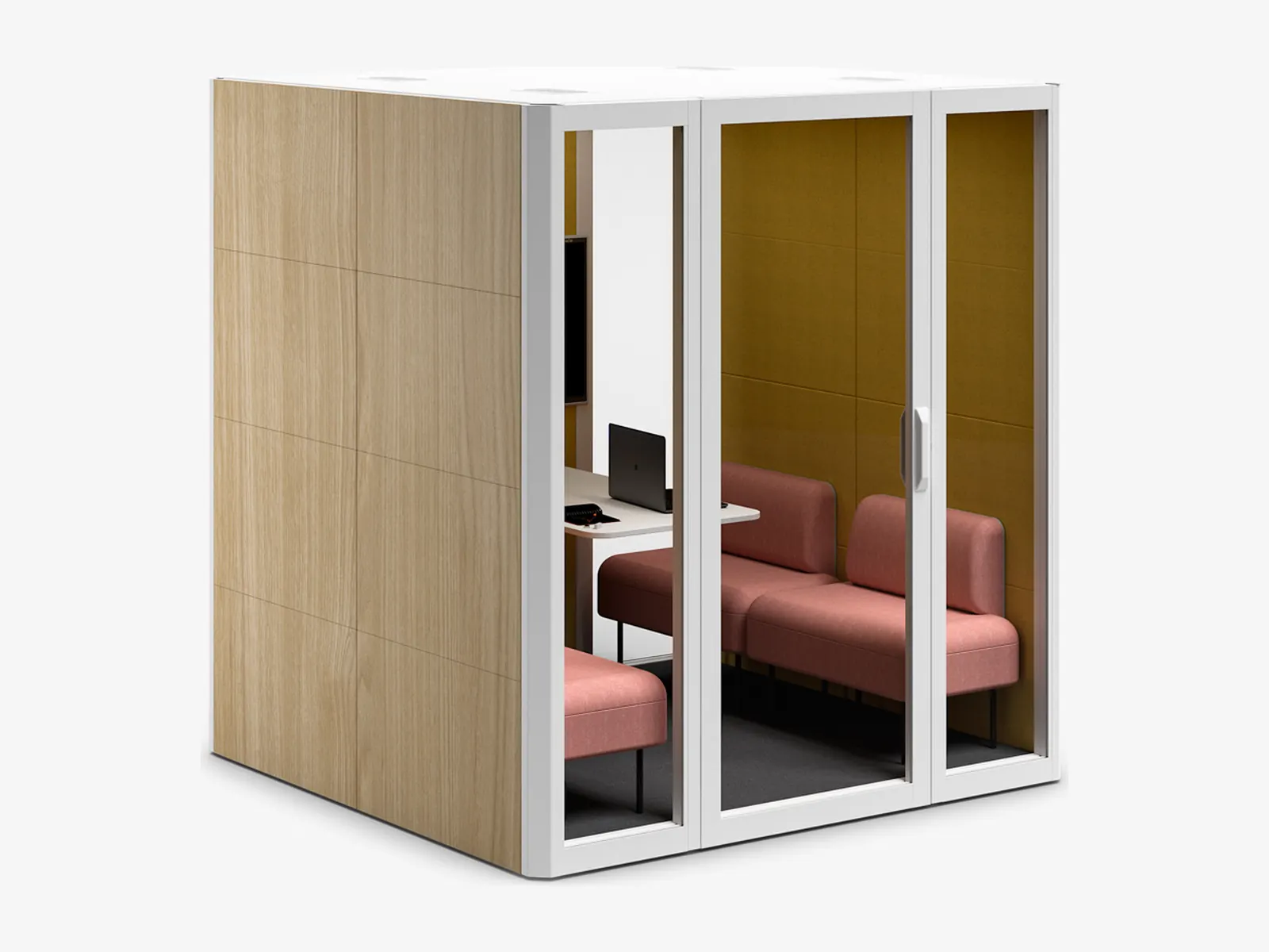 Actiu Qyos 400 con exterior de roble, interior ocre y bancos rosas
