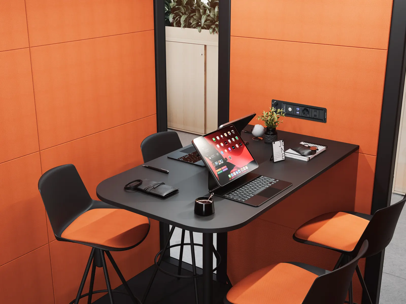 Mesa y taburetes en el interior de la Actiu Qyos 400