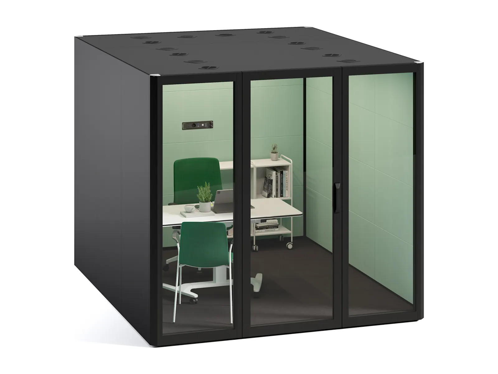 Cabina acústica para 6 personas Actiu Qyos 600 negra con interior verde equipada como despacho