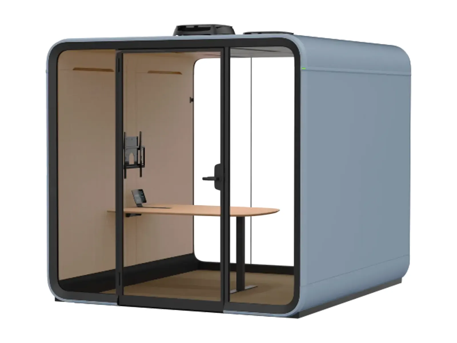Framery Six, interior con mesa de madera y acabado azul