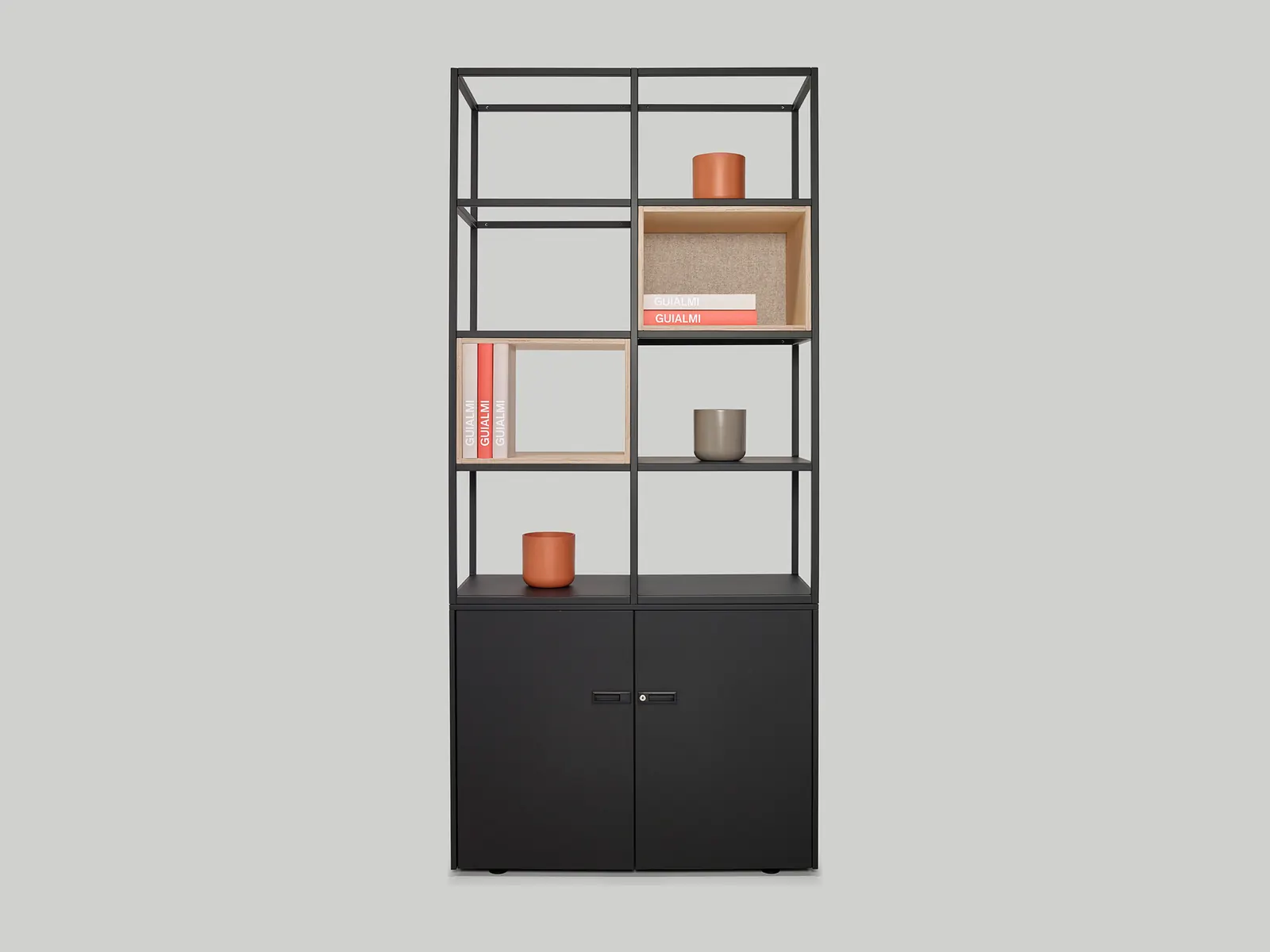 Guialmi Frames con estantes, una caja de madera y armario bajo negro