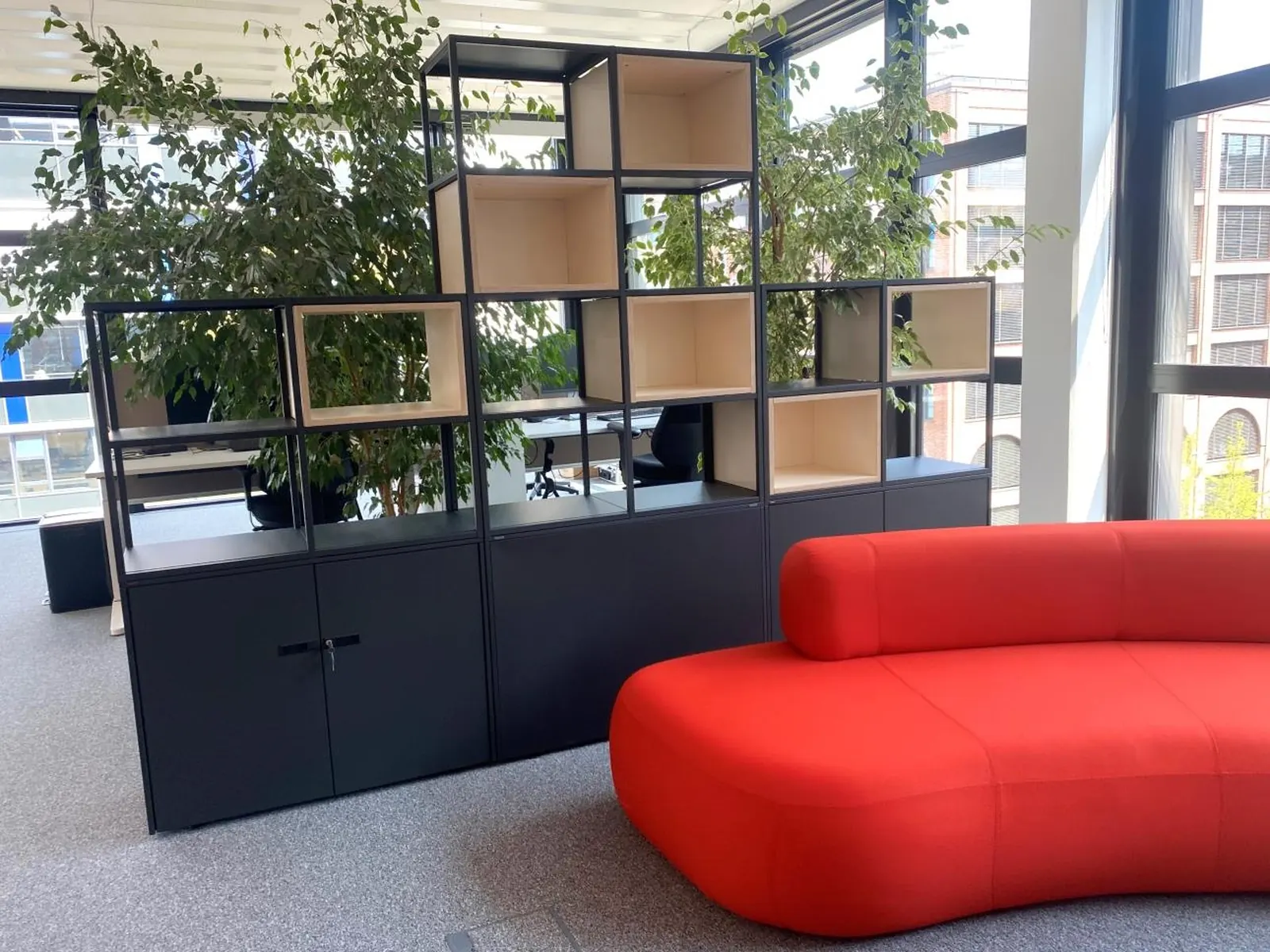 Guialmi Frames con plantas junto a un sofá rojo