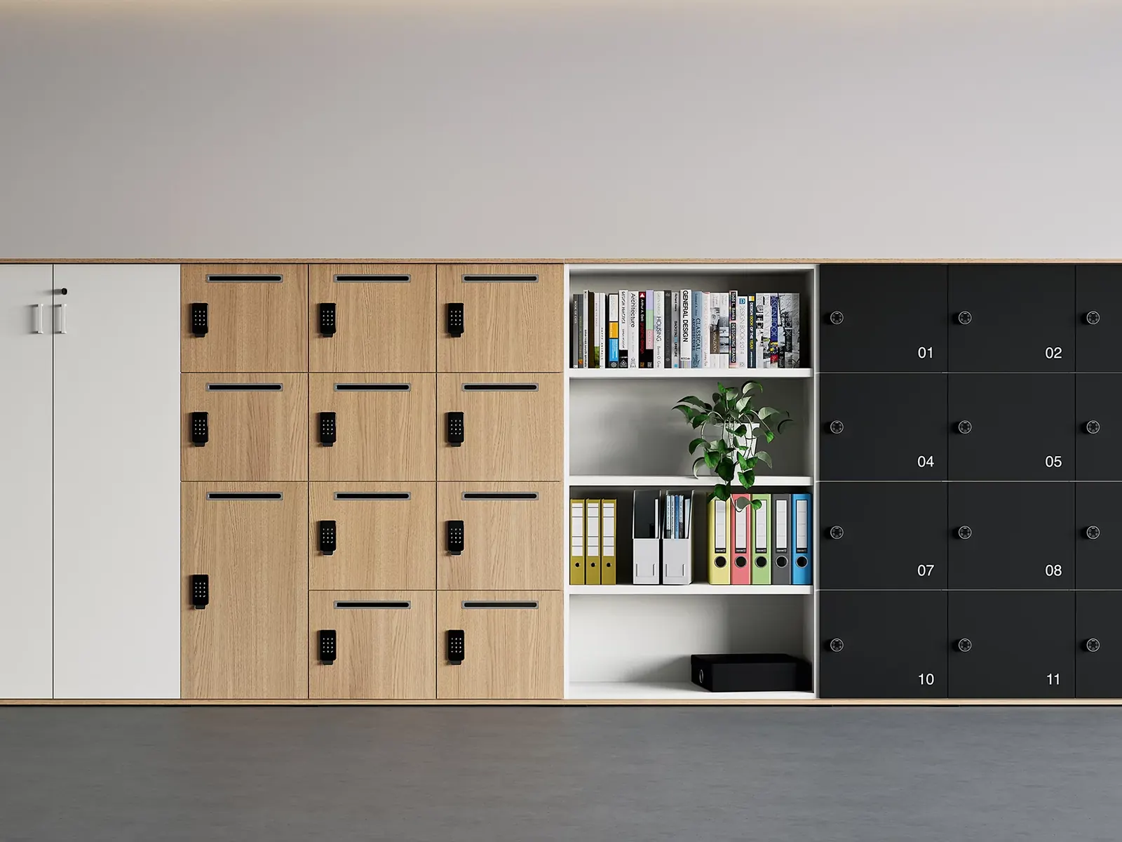 Taquillas de melamina Martex Lockers en madera y negro junto a una estantería abierta