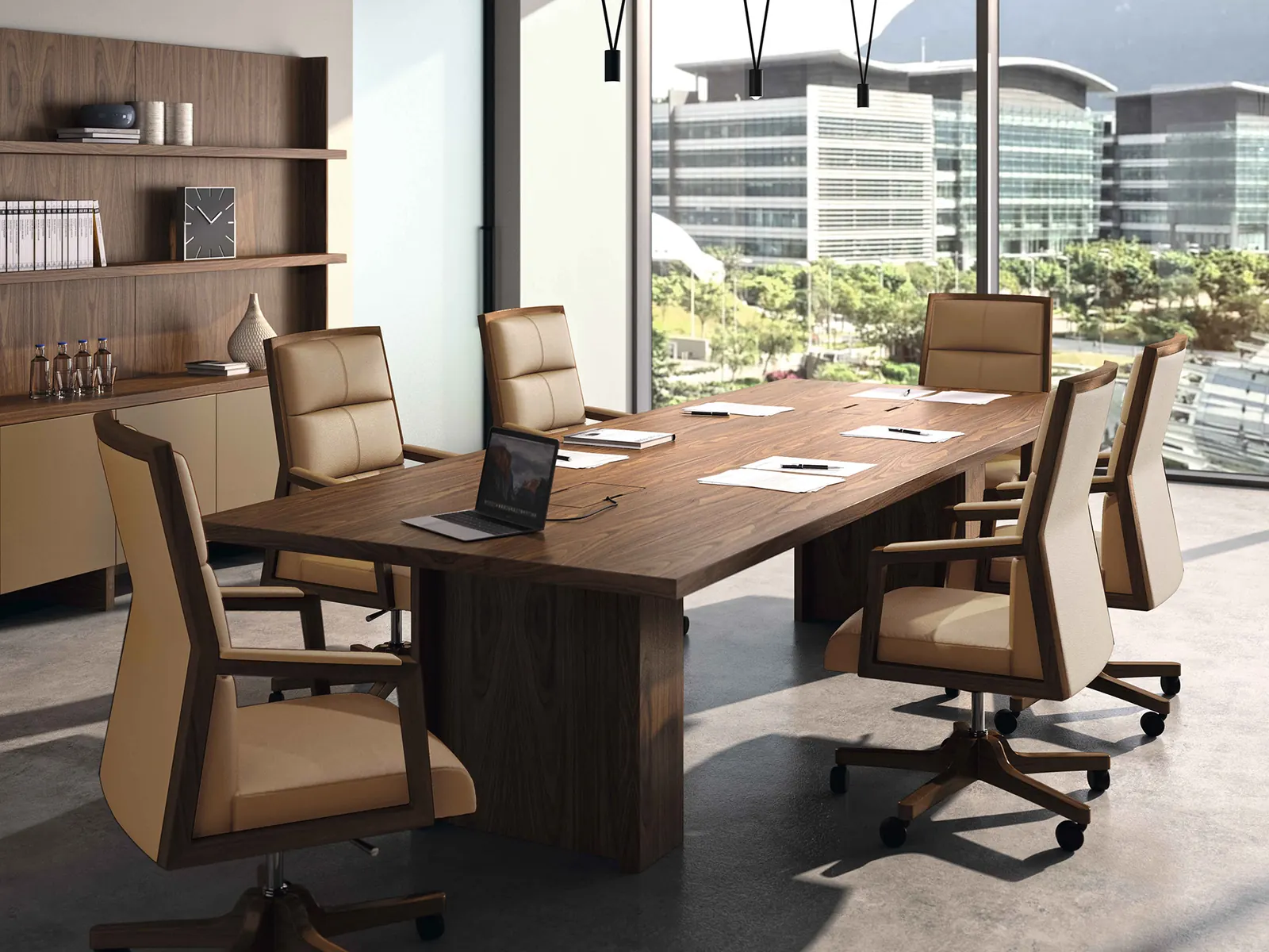 Ofifran Freeport, sala de reuniones en nogal italiano con sillones Square