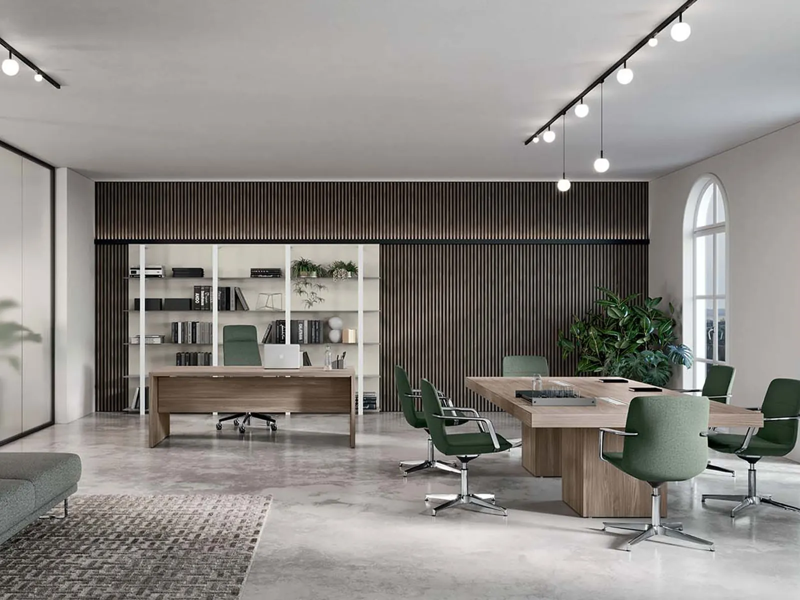 Quadrifoglio T45, sala de dirección con escritorio y mesa de reuniones a juego