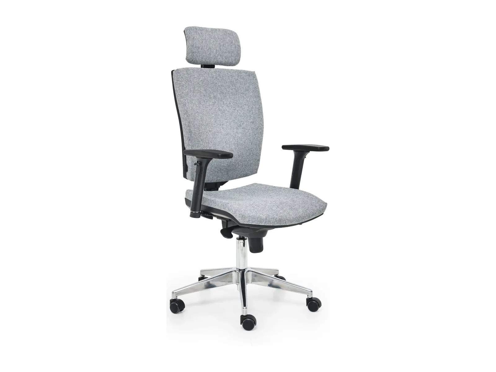 Syta Apollo, silla de oficina operativa tapizada en gris con reposacabezas y base de aluminio pulido, distribuida por Ofillorca en Mallorca