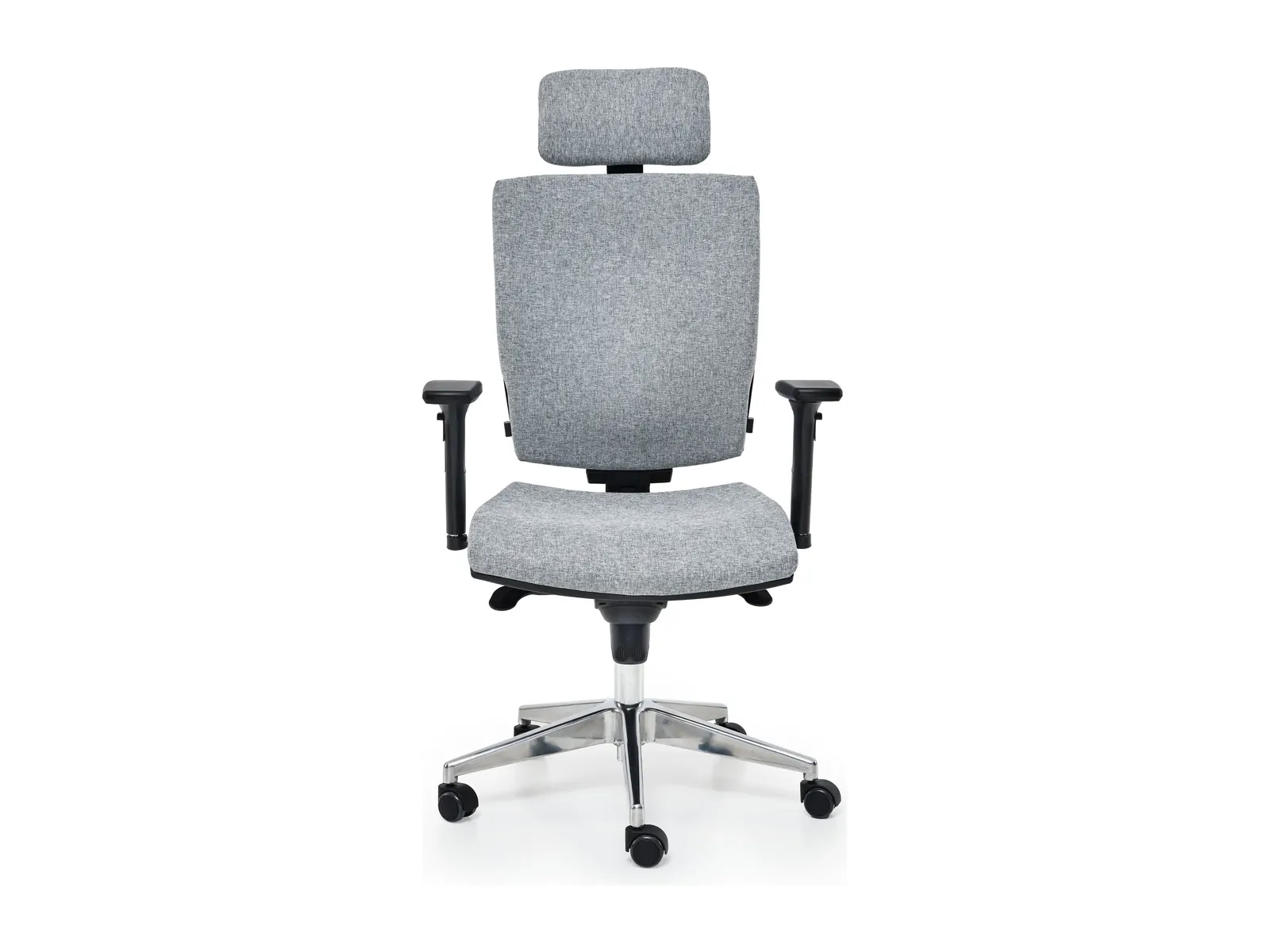 Silla Apollo de frente, con reposacabezas tapizado, brazos regulables y base de aluminio de cinco radios