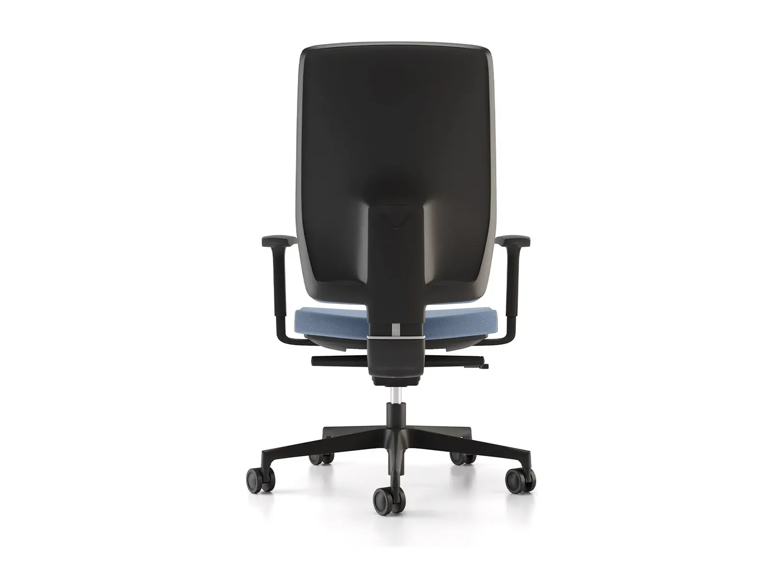 Trasera del sillón Happiness con la carcasa exterior de polipropileno negra y la base de poliamida de cinco brazos