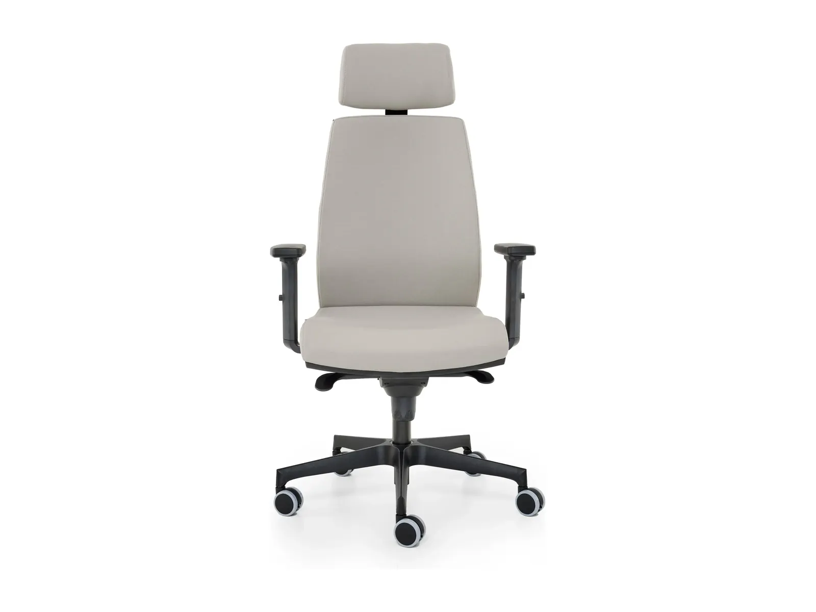 Silla Lack de frente, con respaldo alto tapizado en gris claro, reposacabezas y base negra de cinco radios